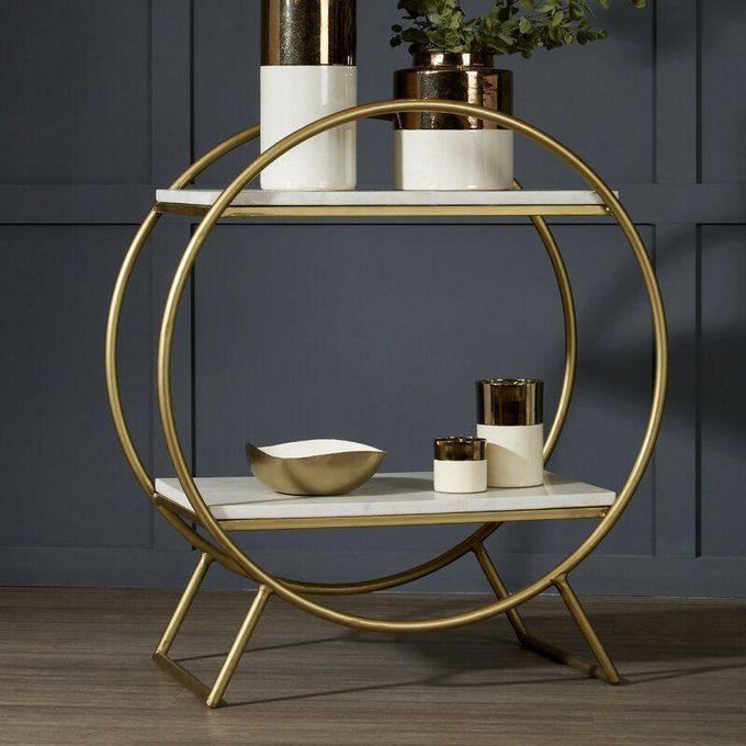 رف مكتبة دائري مودرن للمساحات الصغيرة بطبقتين – إطار ذهبي وسطح أبيض