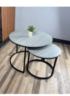 طقم طاولات قهوة دائرية 2 قطعة بسطح خشبي وإطار معدني – رمادي – صنع في مصر