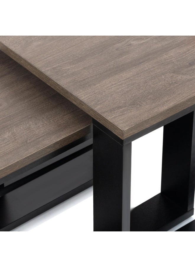 طاولة قهوة متداخلة 2 قطعة بتصميم صناعي مودرن – بني بلوط – موفرة للمساحة