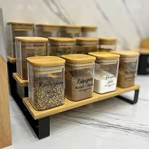 ستاند منظم توابل وبرطمانات من الخشب والمعدن للمطبخ – سعة 12 برطمان – متعدد الألوان
