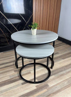 طقم طاولات قهوة دائرية 2 قطعة بسطح خشبي وإطار معدني – رمادي – صنع في مصر