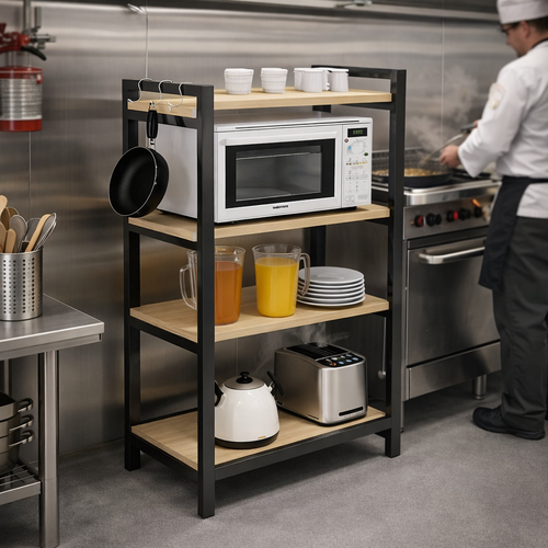 AGM – منظم مطبخ وحامل ميكروويف معدني مع خطافات جانبية – أسود