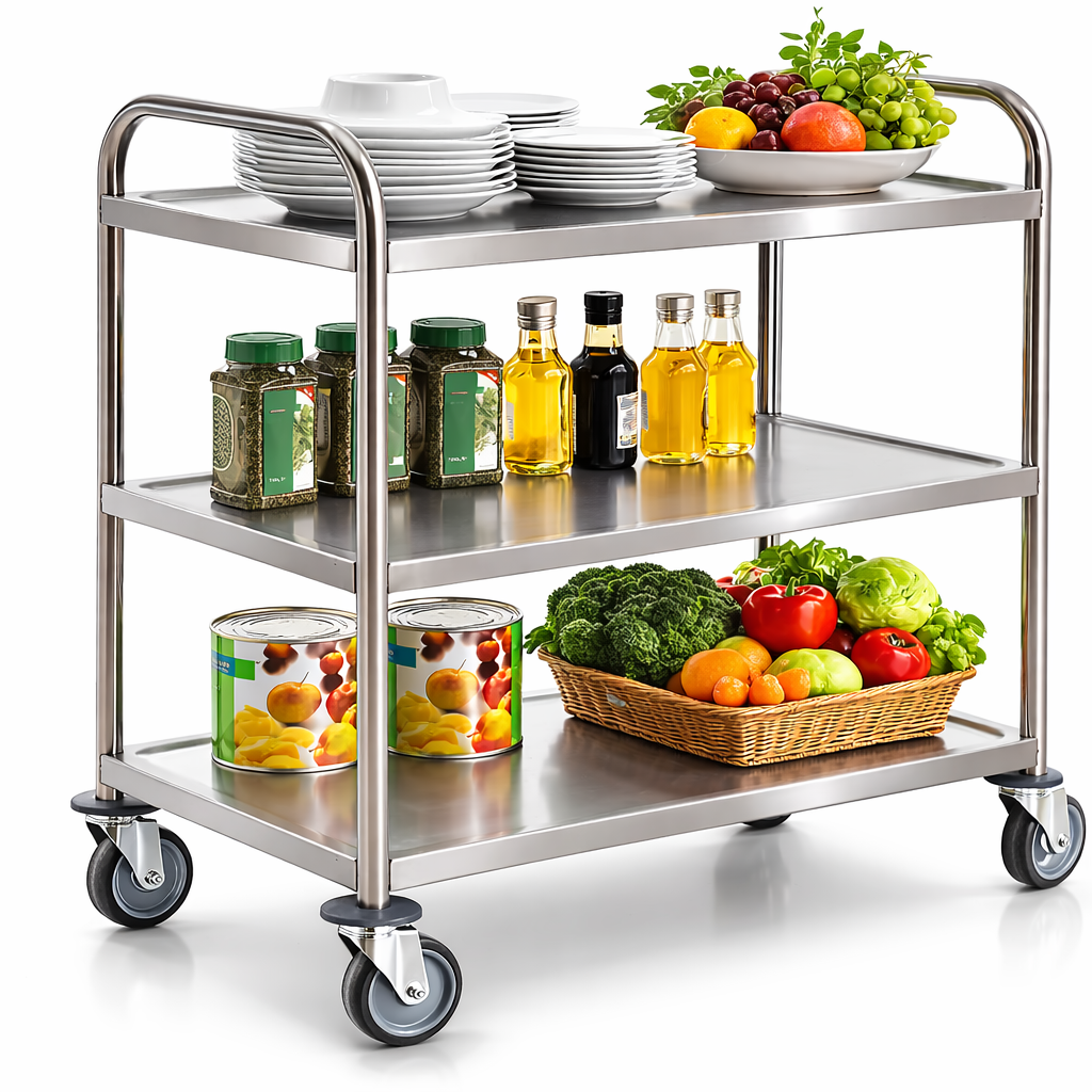 ترولي خدمة وتقديم 3 رفوف استانلس ستيل ثقيل للمطاعم والفنادق – مزود بعجل مطاطي هادئ وفرامل