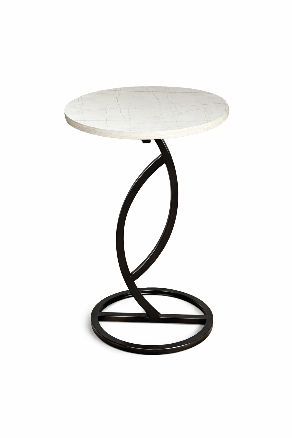 طاولة جانبية دائرية مودرن بسطح رخامي أبيض وقاعدة معدنية – 35×35×60 سم
