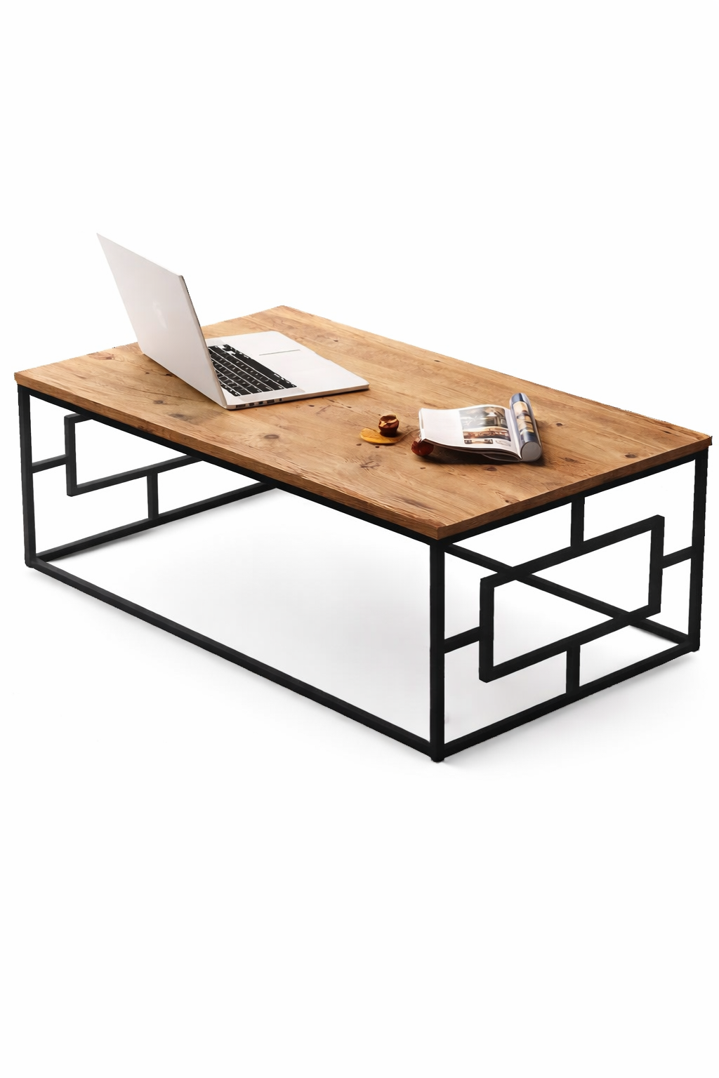 طاولة قهوة مودرن مستطيلة بسطح خشب صناعي وإطار معدني – 100×60×40 سم