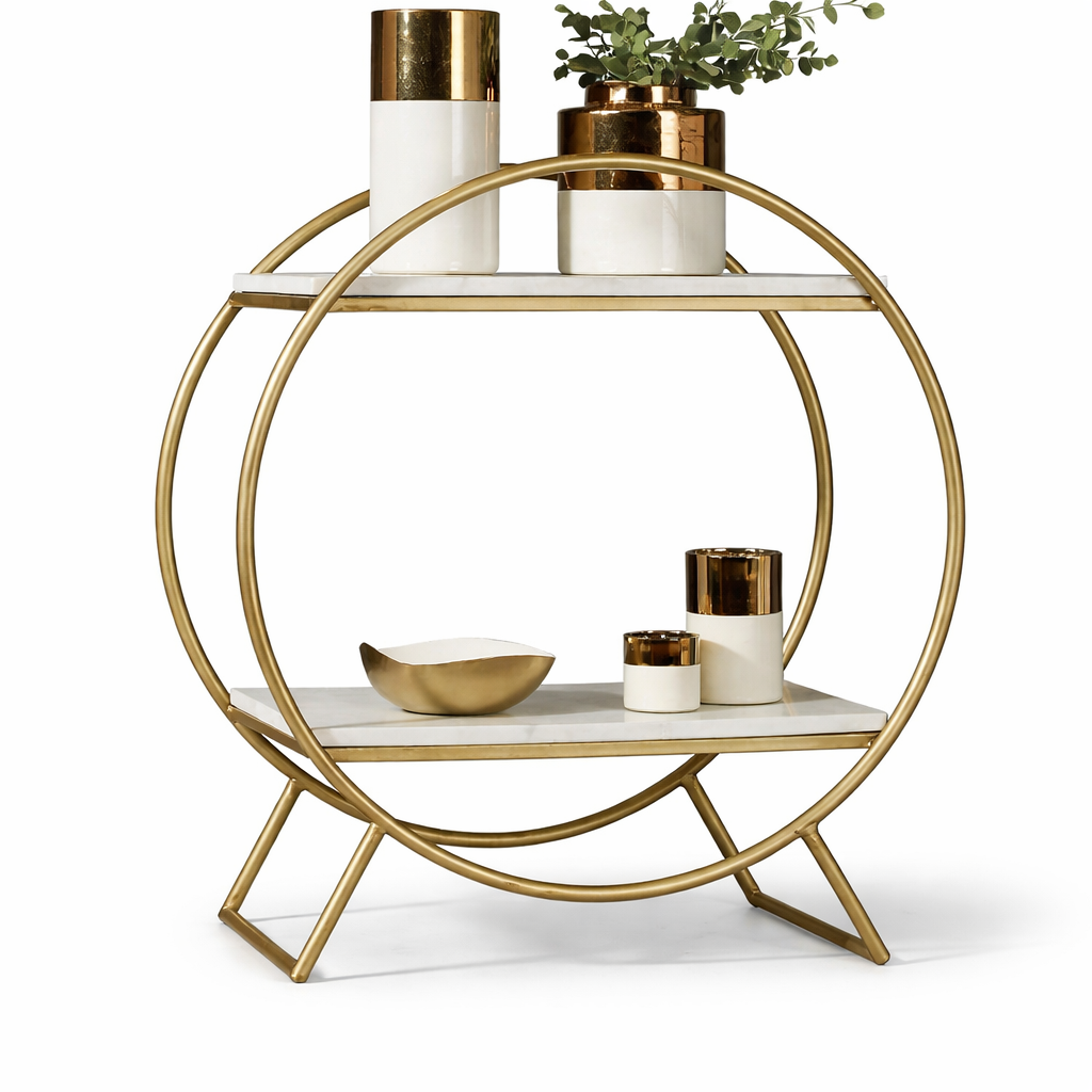 رف مكتبة دائري مودرن للمساحات الصغيرة بطبقتين – إطار ذهبي وسطح أبيض