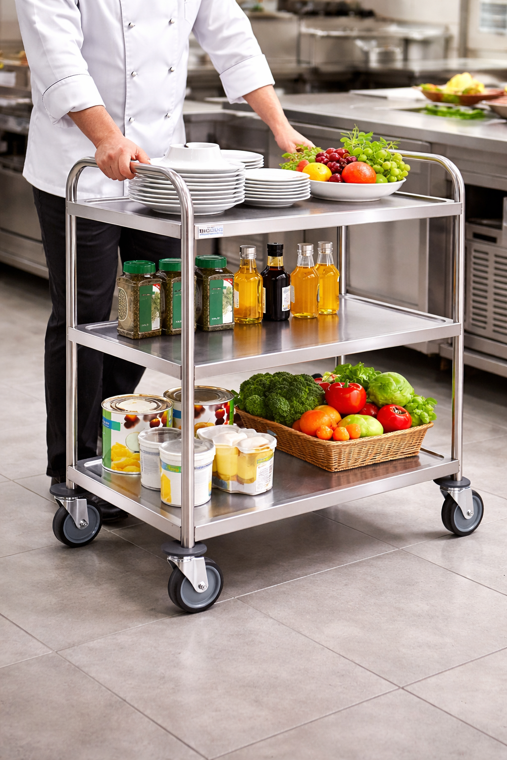 ترولي خدمة وتقديم 3 رفوف استانلس ستيل ثقيل للمطاعم والفنادق – مزود بعجل مطاطي هادئ وفرامل