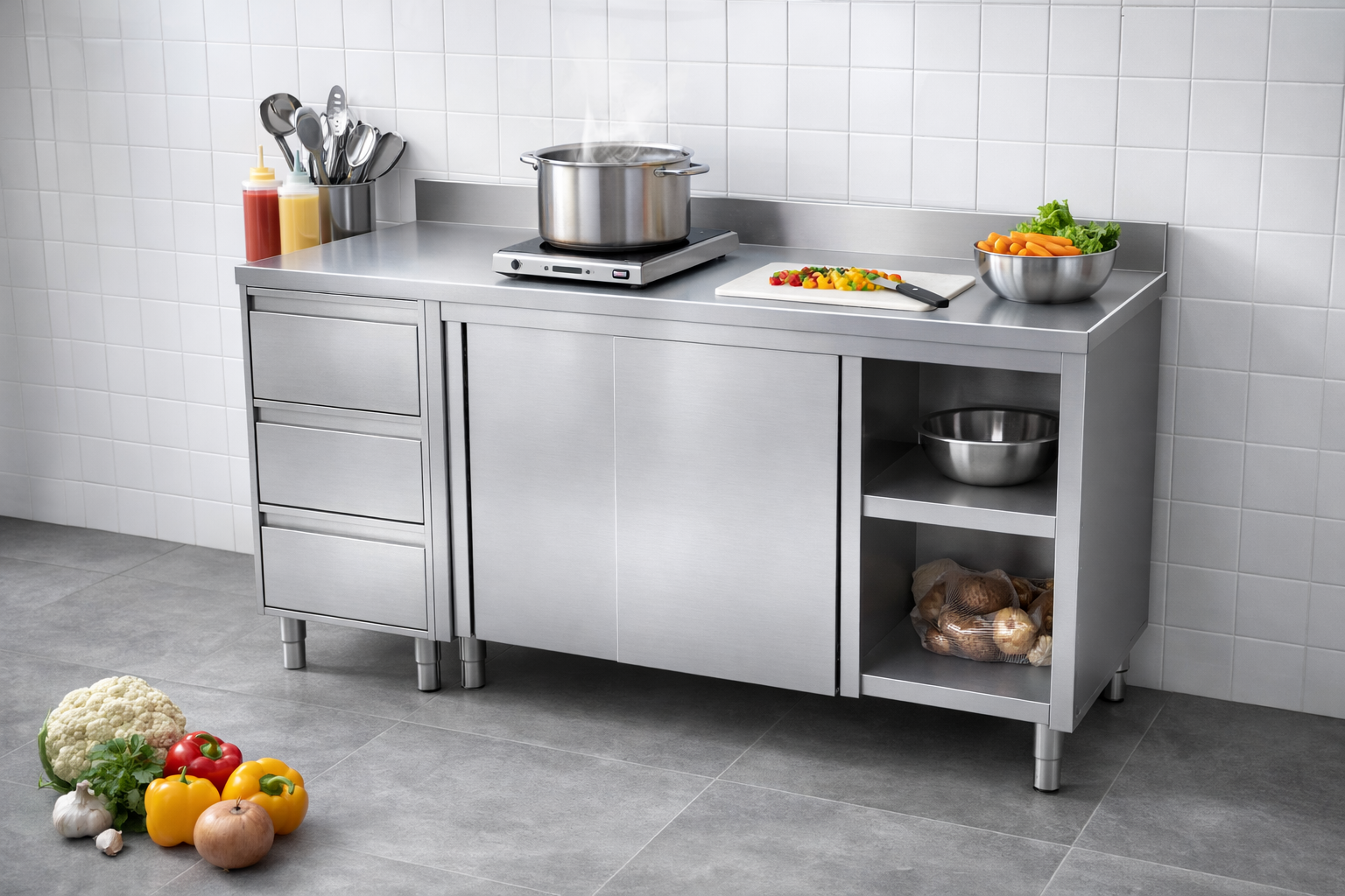 وحدة تخزين مطبخ استانلس ستيل للاستخدام التجاري – رف أوسط