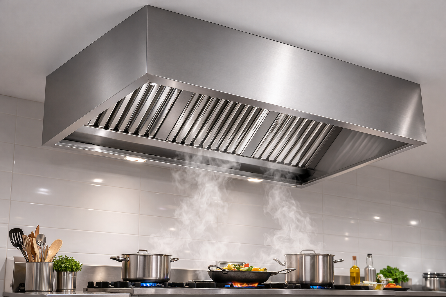 هود مطبخ صناعي جداري استانلس ستيل مع فلتر دهون وصندوق تجميع زيوت