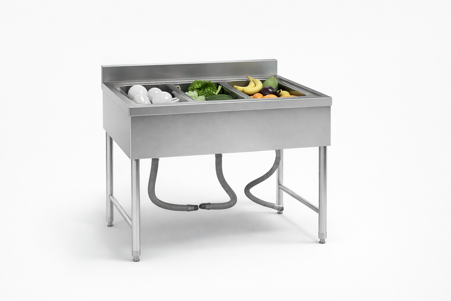 حوض مطبخ صناعي 3 أحواض استانلس ستيل 304 مع خلاط وتصريف للمطاعم والمطابخ التجارية