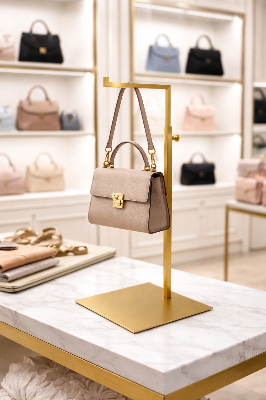 حامل شنط متحرك فاخر من الاستانلس ستيل 304 مطلي PVD Gold للمحلات والمعارض