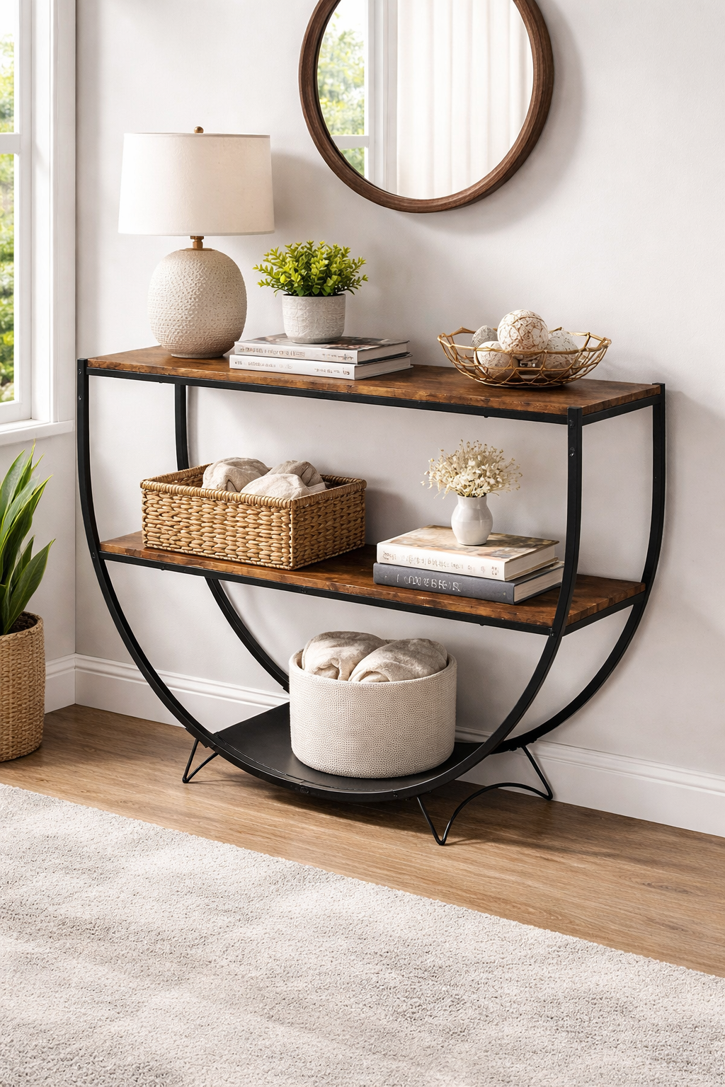 طاولة كونسول معدنية بسطح خشبي بتصميم مودرن فاخر – 120×40×90 سم