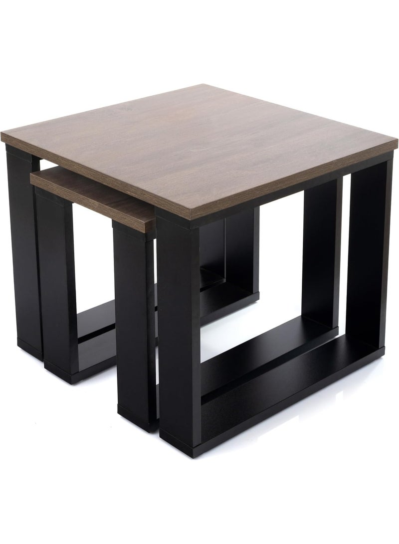 طاولة قهوة متداخلة 2 قطعة بتصميم صناعي مودرن – بني بلوط – موفرة للمساحة