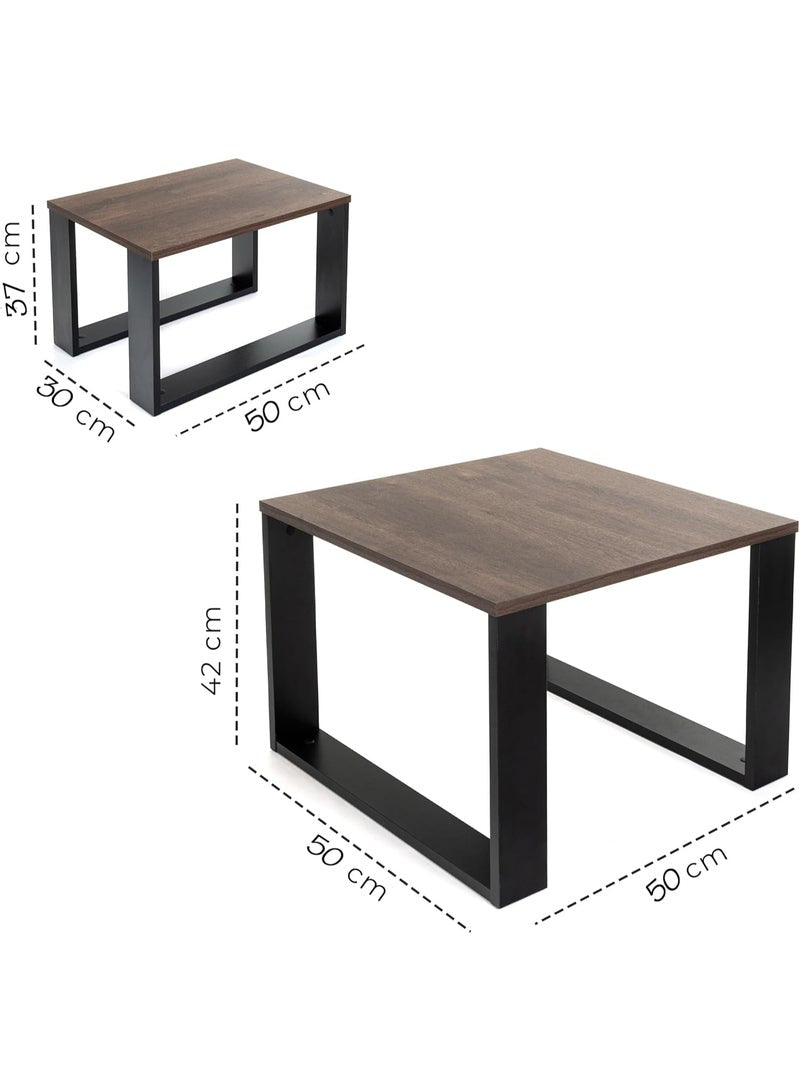 طاولة قهوة متداخلة 2 قطعة بتصميم صناعي مودرن – بني بلوط – موفرة للمساحة