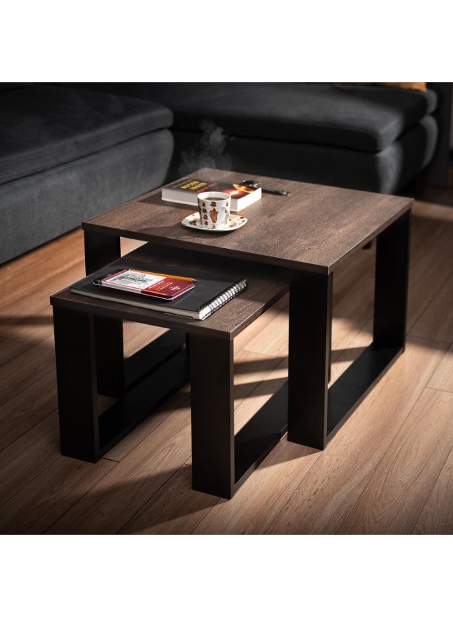 طاولة قهوة متداخلة 2 قطعة بتصميم صناعي مودرن – بني بلوط – موفرة للمساحة