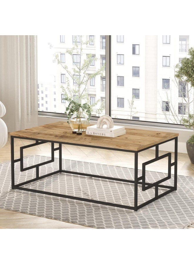 طاولة قهوة مودرن مستطيلة بسطح خشب صناعي وإطار معدني – 100×60×40 سم
