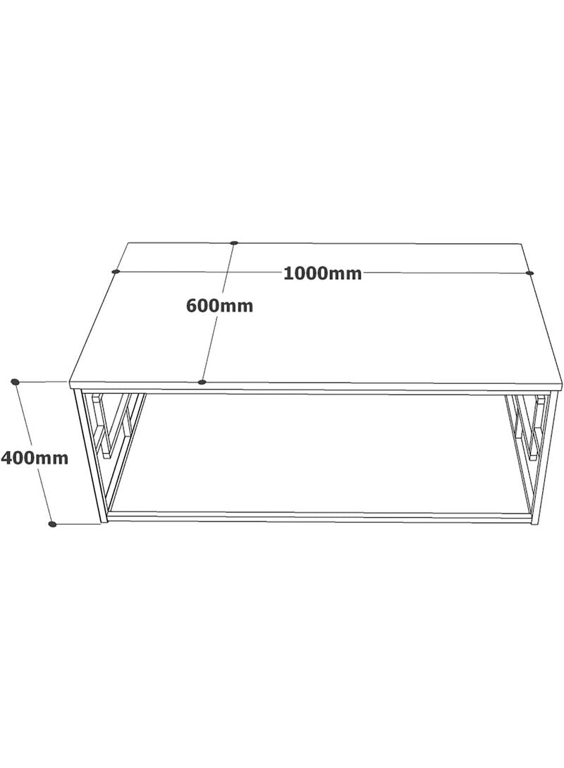 طاولة قهوة مودرن مستطيلة بسطح خشب صناعي وإطار معدني – 100×60×40 سم