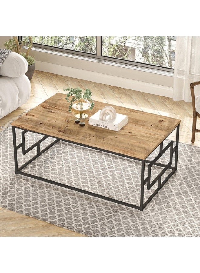 طاولة قهوة مودرن مستطيلة بسطح خشب صناعي وإطار معدني – 100×60×40 سم